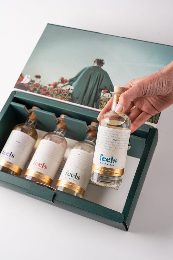Feels Botanical Eau De Vie Spirit Gift Box, the perfect collection of botanical spirits for gifting