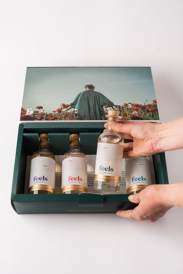 Feels Botanical Eau De Vie Spirit Gift Box, the perfect collection of botanical spirits for gifting