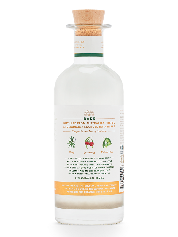 Bask Eau De Vie Spirit bottle by Feels Botanical, showcasing its earthy & smooth tequila-like essence