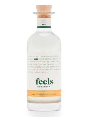 Bask Eau De Vie Spirit bottle by Feels Botanical, showcasing its earthy & smooth tequila-like essence