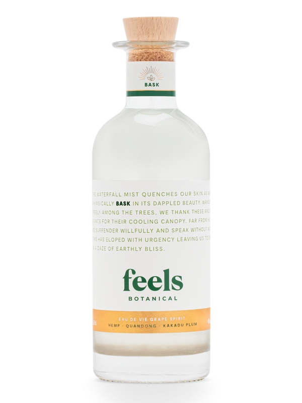 Bask Eau De Vie Spirit bottle by Feels Botanical, showcasing its earthy & smooth tequila-like essence