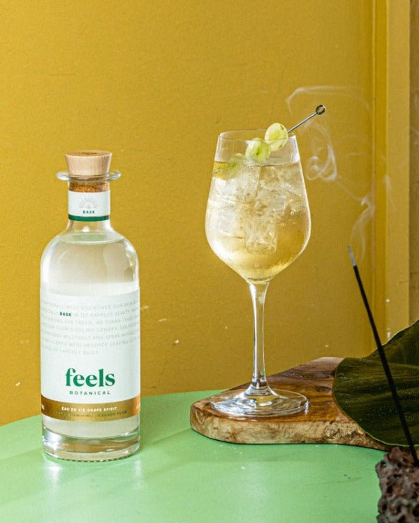 Unique cocktail made with Bask Eau De Vie Spirit by Feels Botanical, showcasing its earthy & smooth tequila-like essence