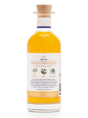 Revel Eau De Vie Spirit bottle by Feels Botanical, with lively fruit, spice & smooth chocolate notes