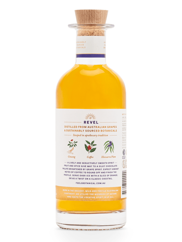 Revel Eau De Vie Spirit bottle by Feels Botanical, with lively fruit, spice & smooth chocolate notes