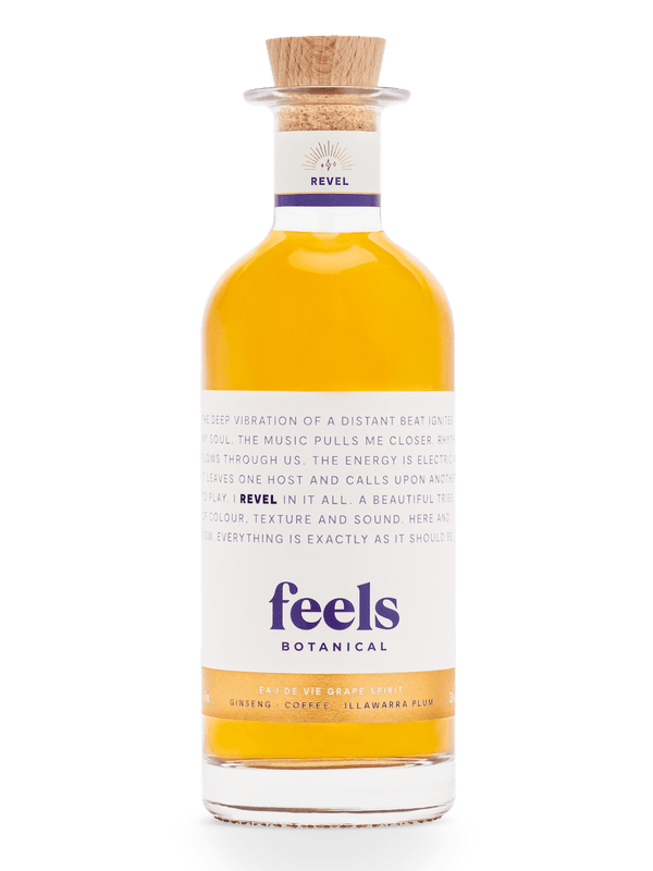 Revel Eau De Vie Spirit bottle by Feels Botanical, with lively fruit, spice & smooth chocolate notes