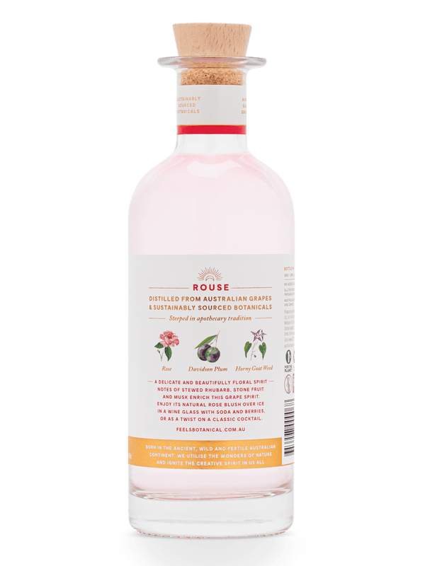 Rouse Eau De Vie Spirit bottle by Feels Botanical, featuring floral & sensual rose, musk, & rhubarb aromas