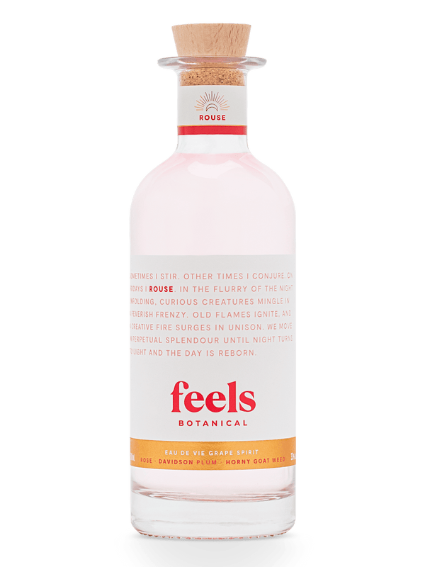 Rouse Eau De Vie Spirit bottle by Feels Botanical, featuring floral & sensual rose, musk, & rhubarb aromas