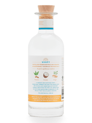 Vivify Eau De Vie Spirit bottle by Feels Botanical, highlighting tropical coconut & vibrant flavour notes.
