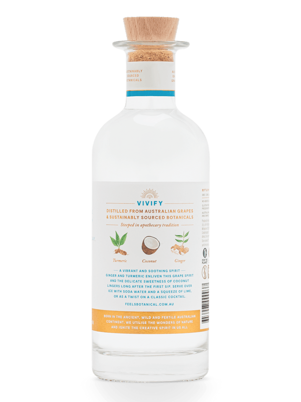 Vivify Eau De Vie Spirit bottle by Feels Botanical, highlighting tropical coconut & vibrant flavour notes.