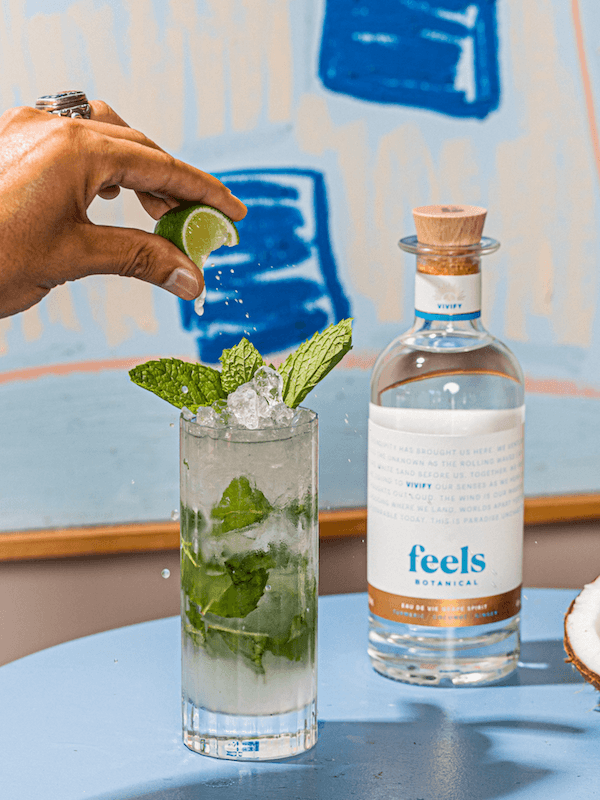 Mojito cocktail made with Vivify Eau De Vie Spirit by Feels Botanical, highlighting tropical coconut & vibrant flavour notes.