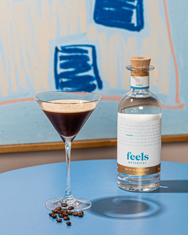 Espresso Martini cocktail made with Vivify Eau De Vie Spirit bottle by Feels Botanical, highlighting tropical coconut & vibrant flavour notes