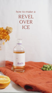 Revel Eau De Vie Spirit bottle by Feels Botanical served straight over ice, with lively fruit, spice & smooth chocolate notes