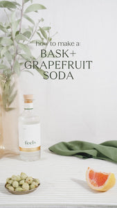 Feels Botanical Bask Eau De Vie Grape Spirit distilled with Quandong, Kakadu Plum, and Hemp served with grapefruit soda 